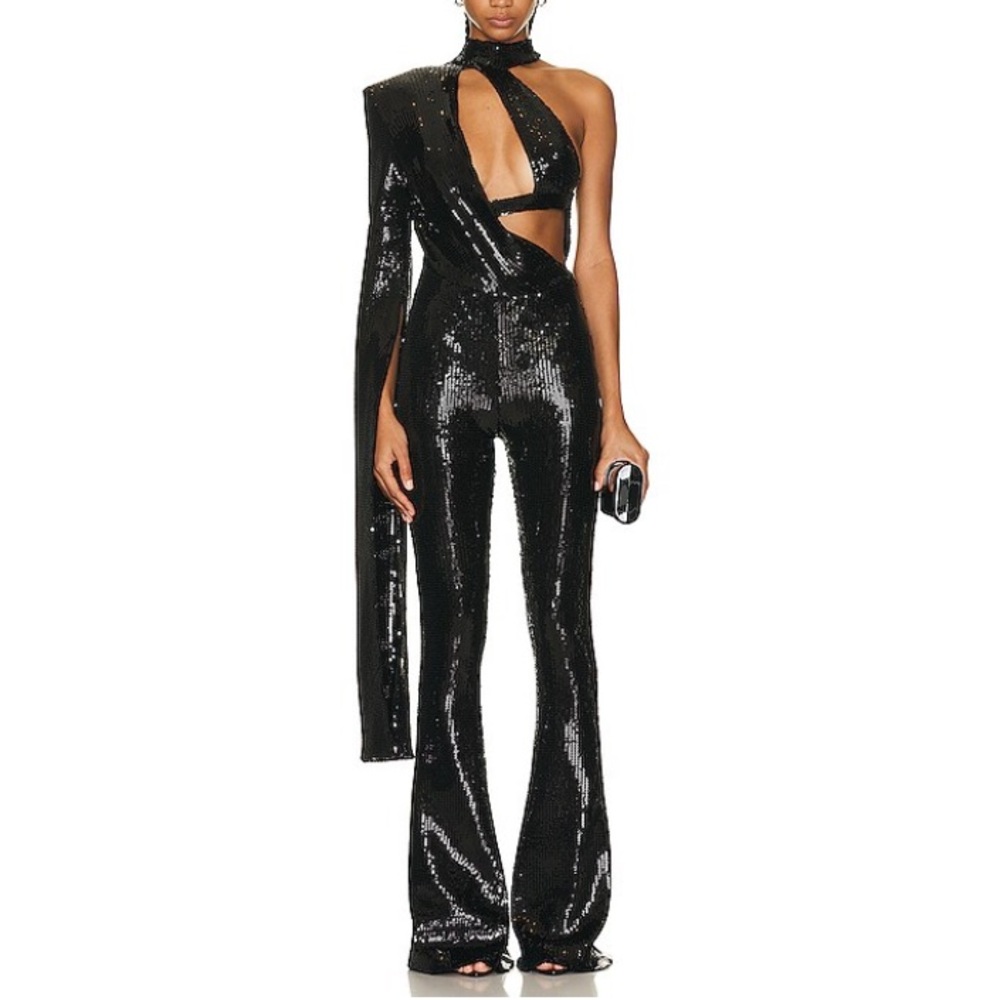 NWT DAVID KOMA Asymmetric Sleeve and Bra Elegant Black Sequin Jumpsuit 12